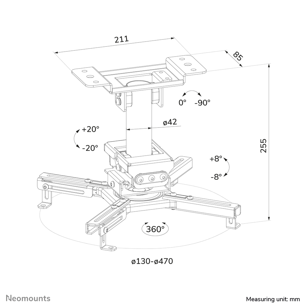 Neomounts CL25-530WH1 Supporto a soffitto beamer - alt. 25,5 cm - montaggio facile - mobilità completa